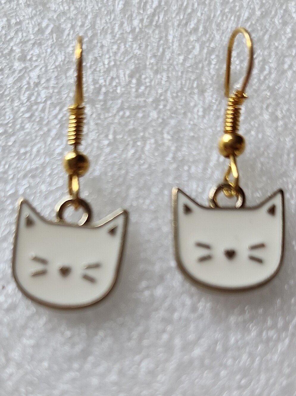 Hand Crafted White Cat Face Dangle Earrings with Gold Hooks